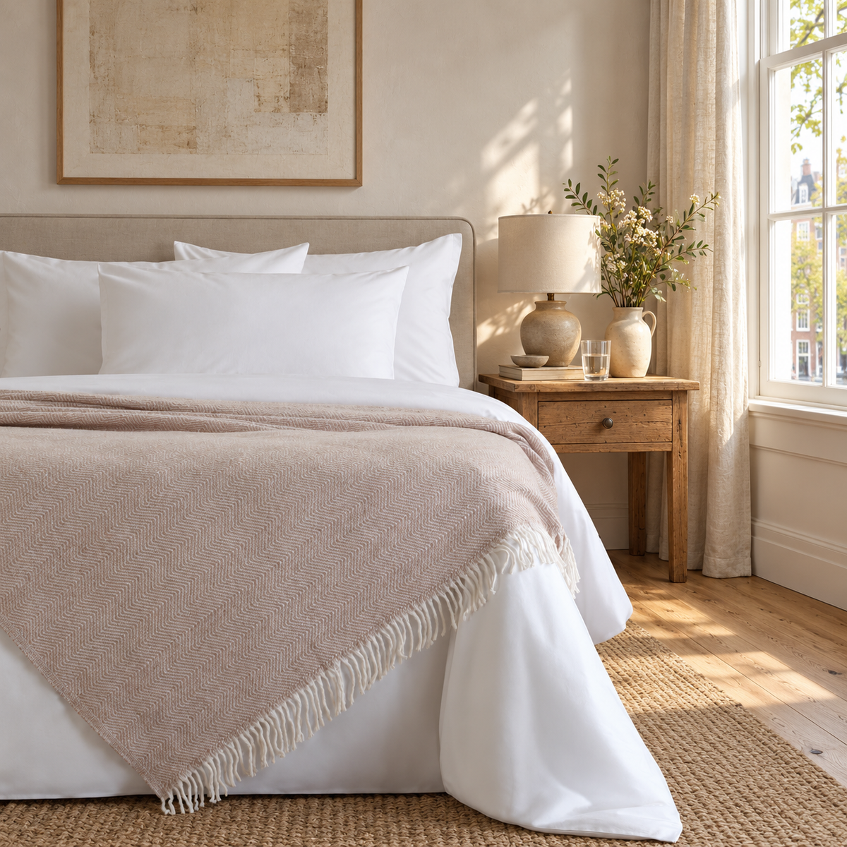 Nevada Light Beige blanket — warm Dutch bedroom lifestyle, fine herringbone and fringed edges