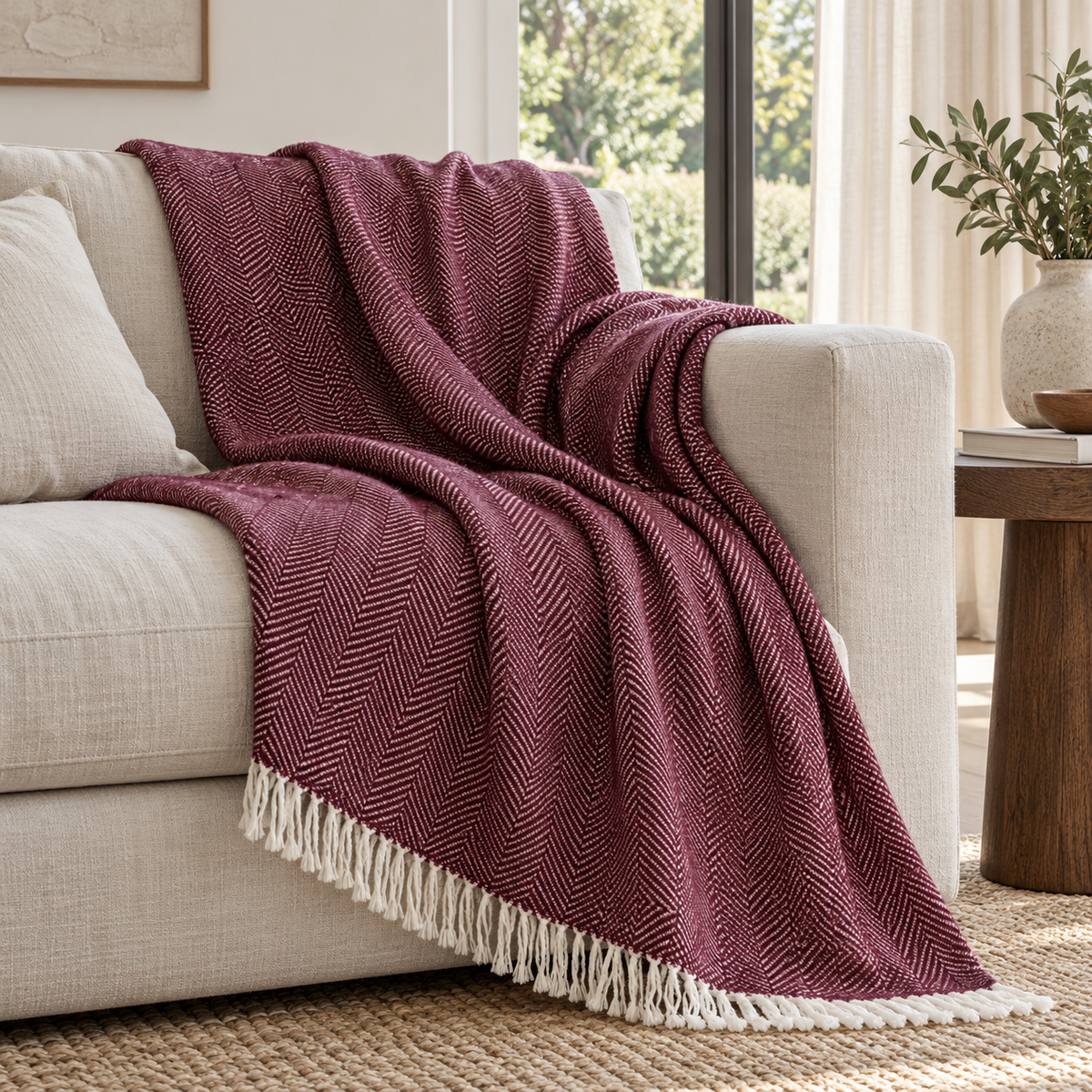 Nevada Plum blanket — warm Dutch living-room lifestyle, fine herringbone and fringed edges