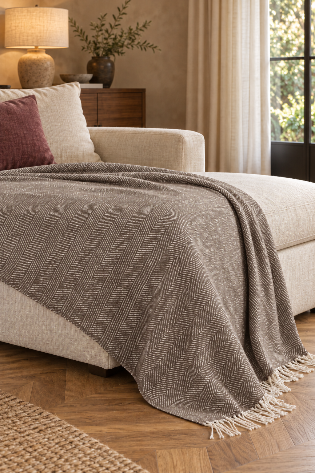 Nevada Dark Beige blanket — fine herringbone weave and ivory fringe, draped over a cream chaise in a warm living room