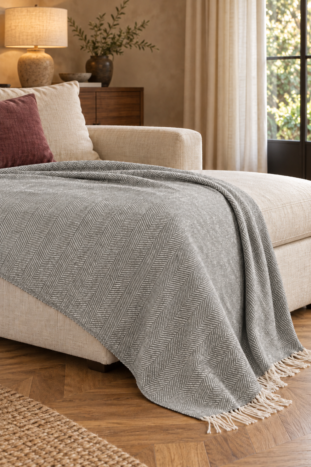 Nevada Grey blanket — fine herringbone weave and ivory fringe, draped over a cream chaise in a warm living room