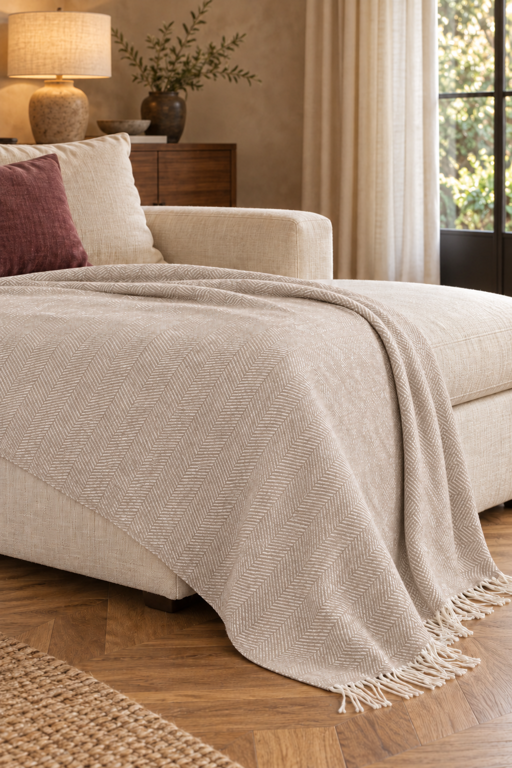 Nevada Light Beige blanket — fine herringbone weave and ivory fringe, draped over a cream chaise in a warm living room