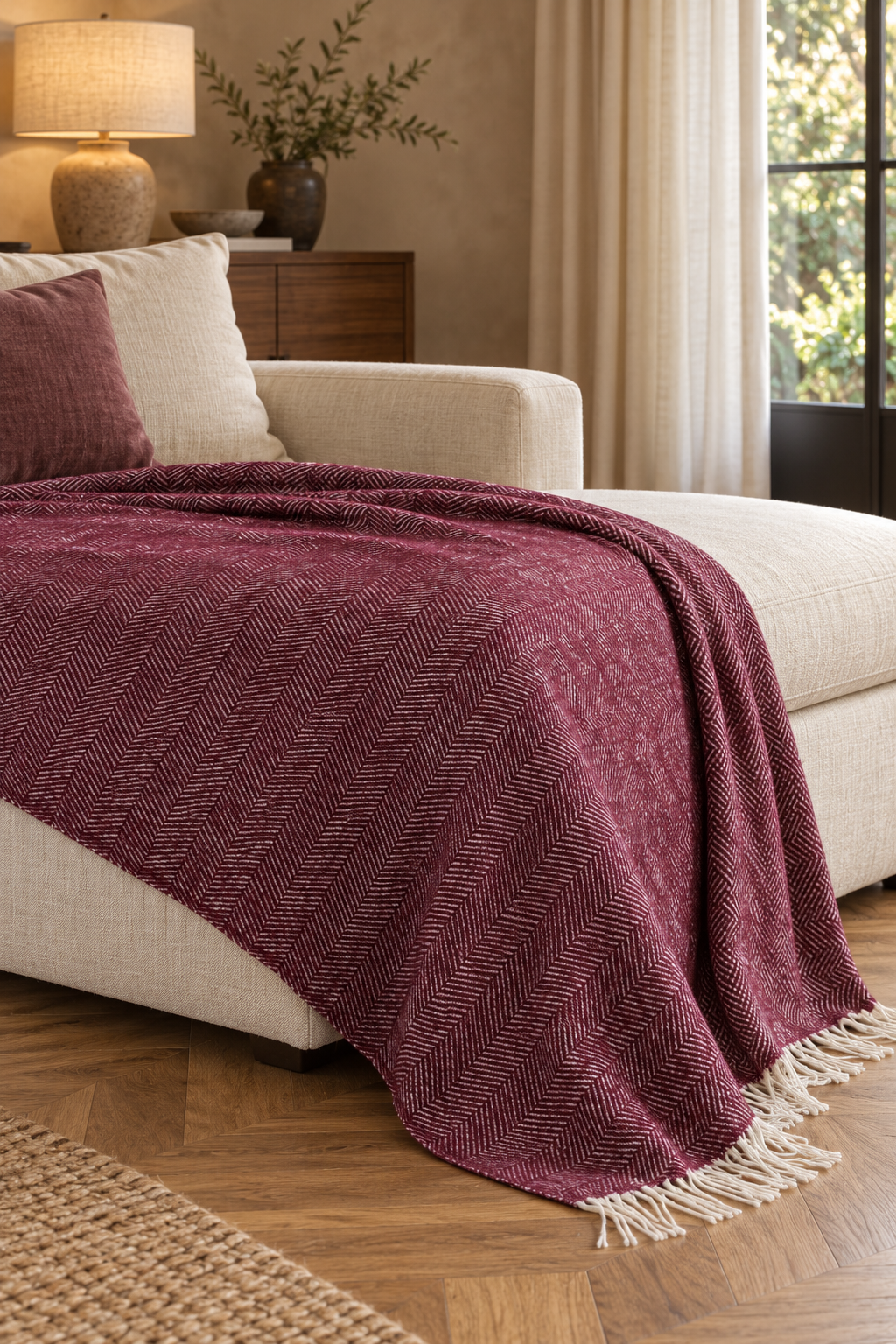 Nevada Plum blanket — fine herringbone weave and ivory fringe, draped over a cream chaise in a warm living room