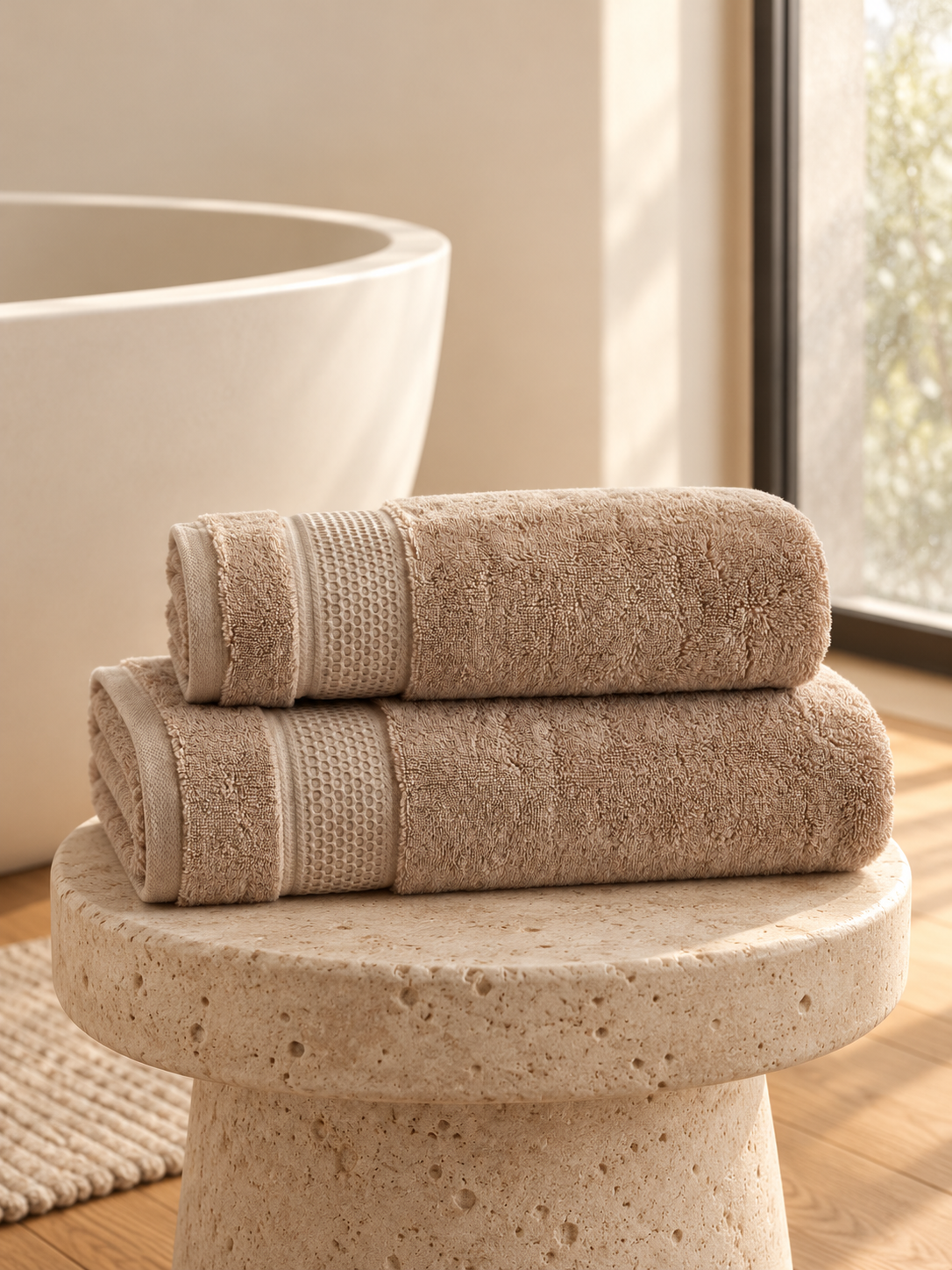 Pavia Home vina quartz — folded products in a warm bathroom, no people