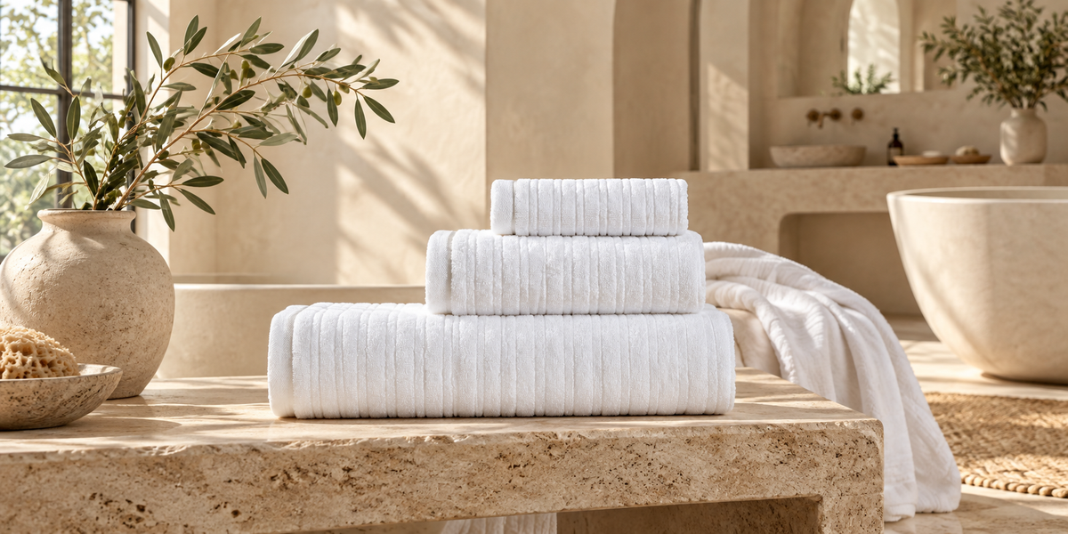 White striped cotton towels in a sunlit travertine bathroom