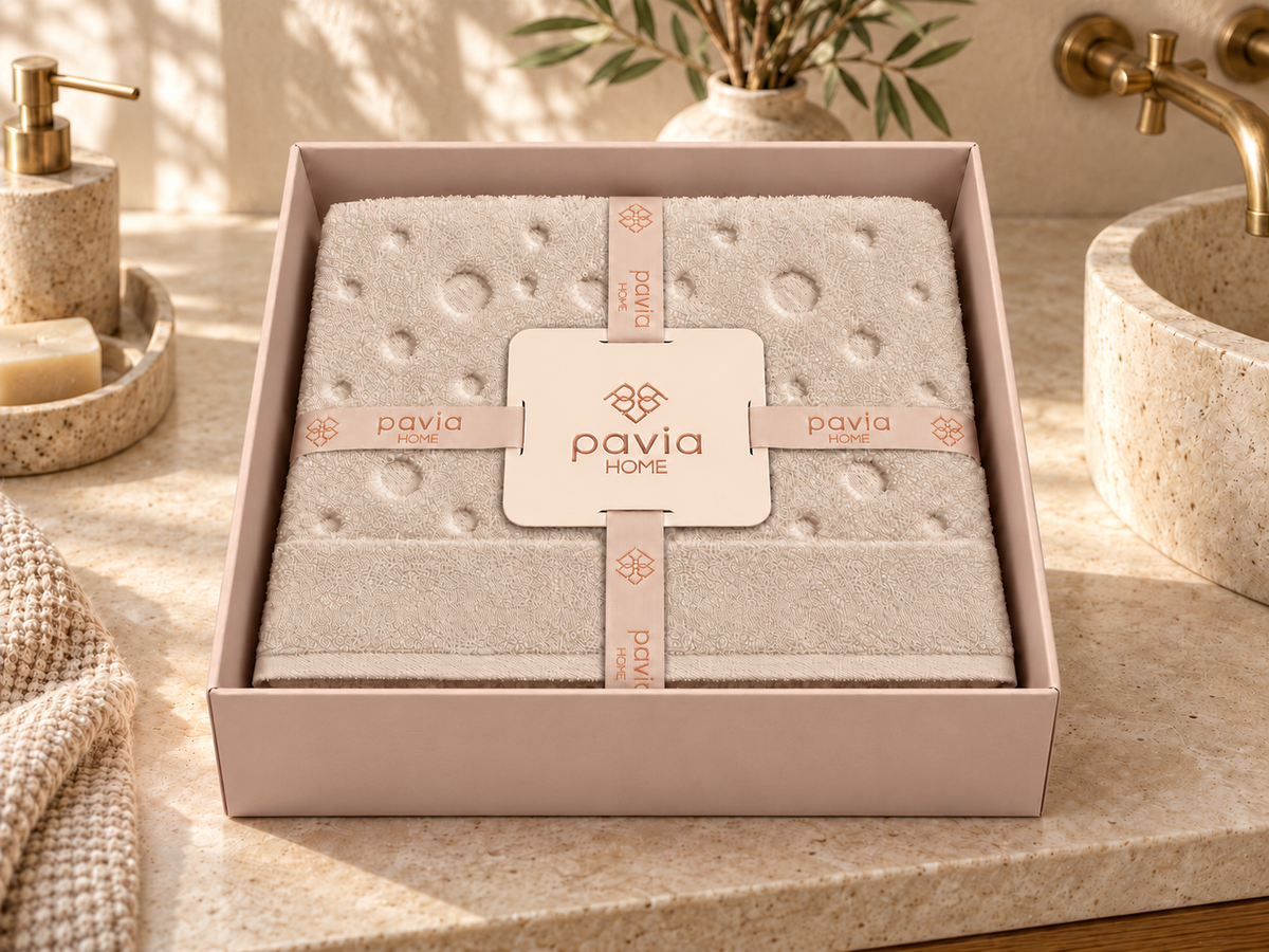 Bernardo beige towel set in the updated matte open gift box, with the lower woven border visible, styled in a warm sunlit bathroom