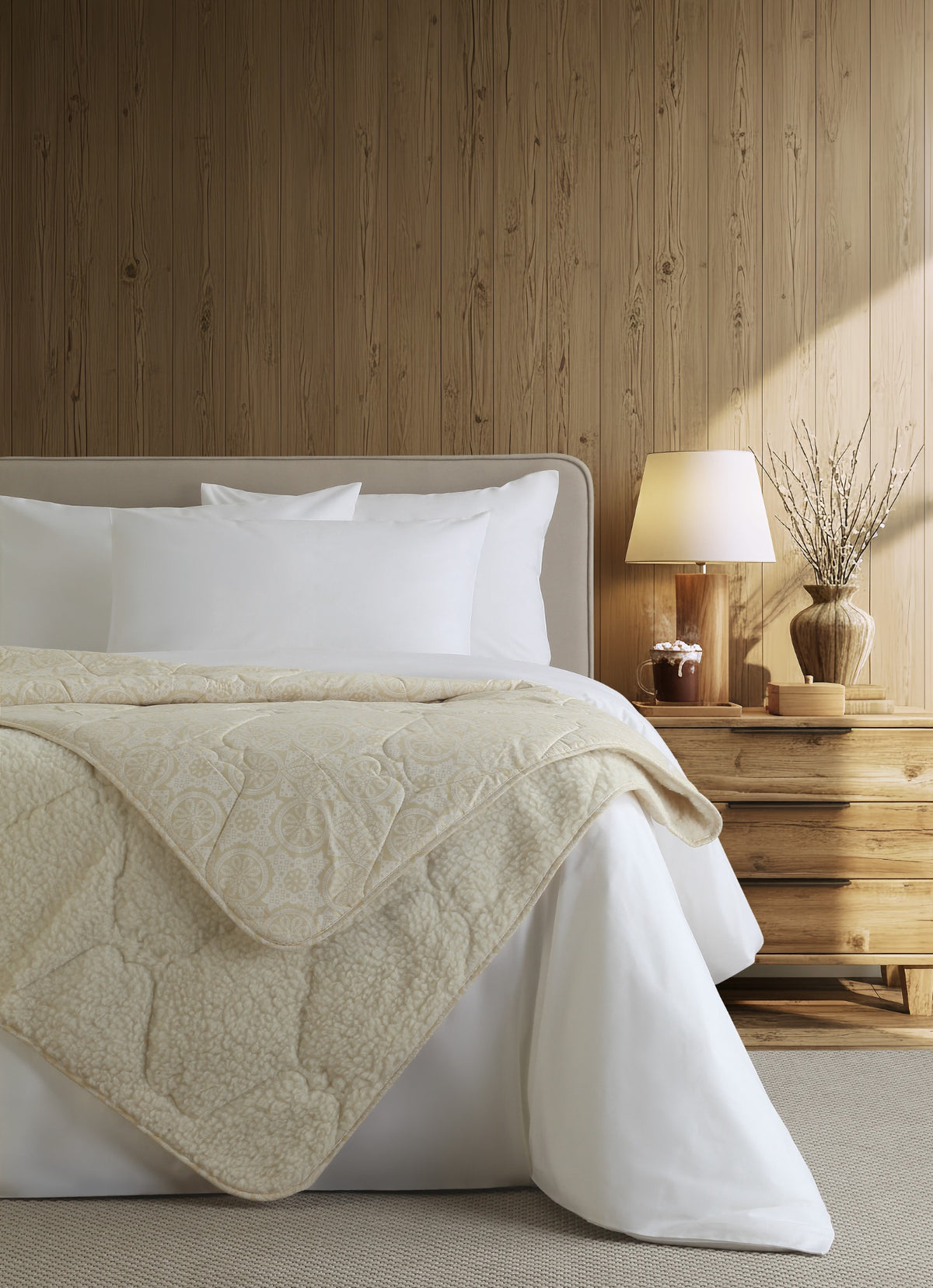 Verona blanket styled on a bed in a warm wooden bedroom