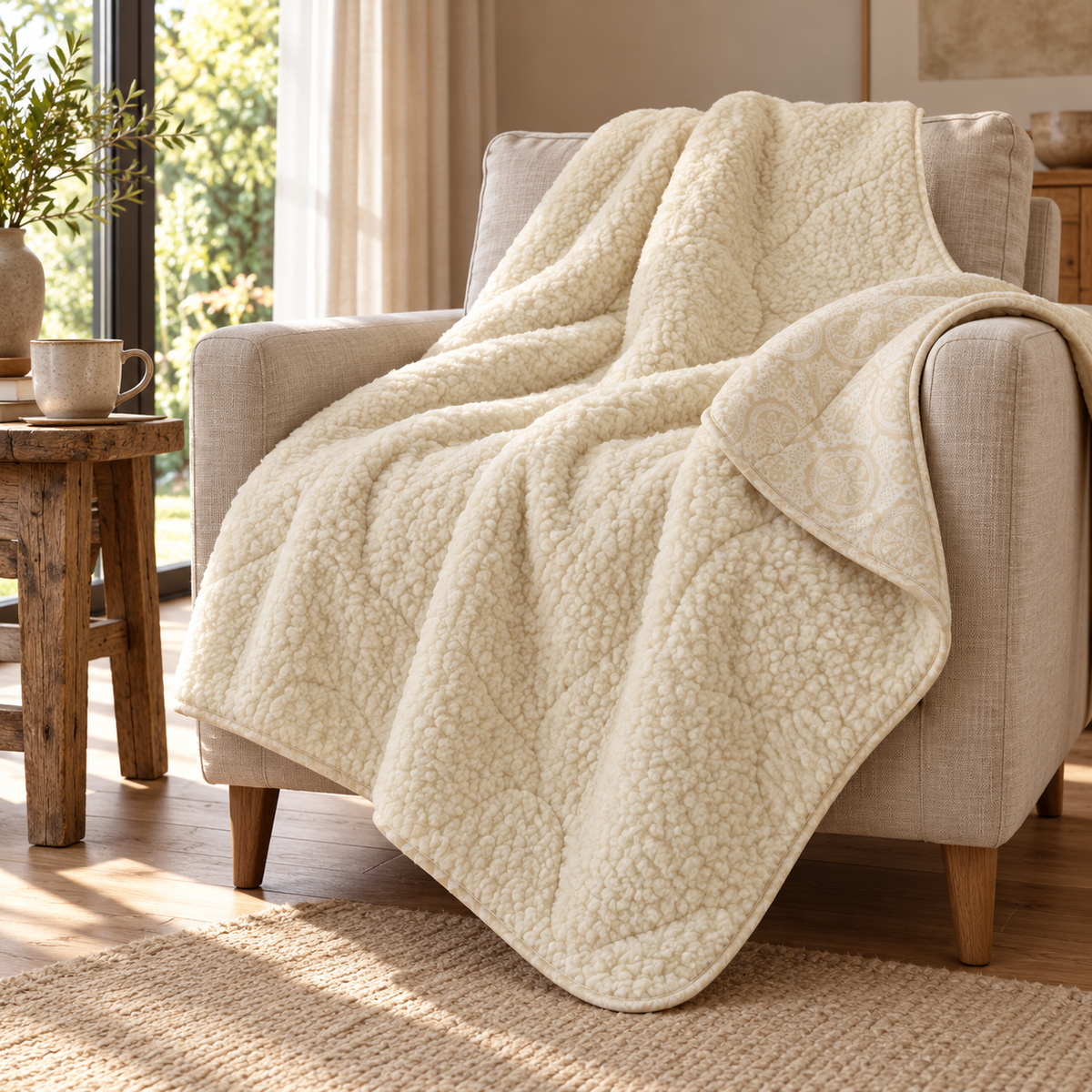 Verona ivory blanket, 150 × 200 cm, draped over an oatmeal linen armchair in a Dutch sitting room, showing its textured face, patterned reverse and rounded bound edges
