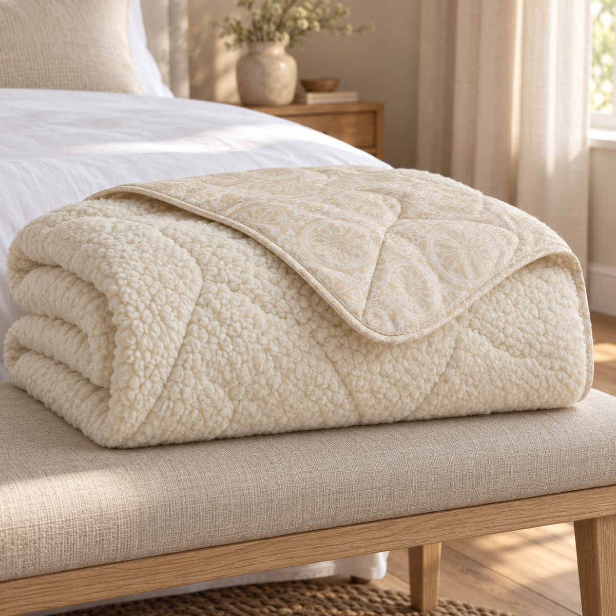 Verona ivory blanket, 150 × 200 cm, softly folded on an upholstered bench in a Dutch bedroom, showing its textured face, patterned reverse and rounded bound edges