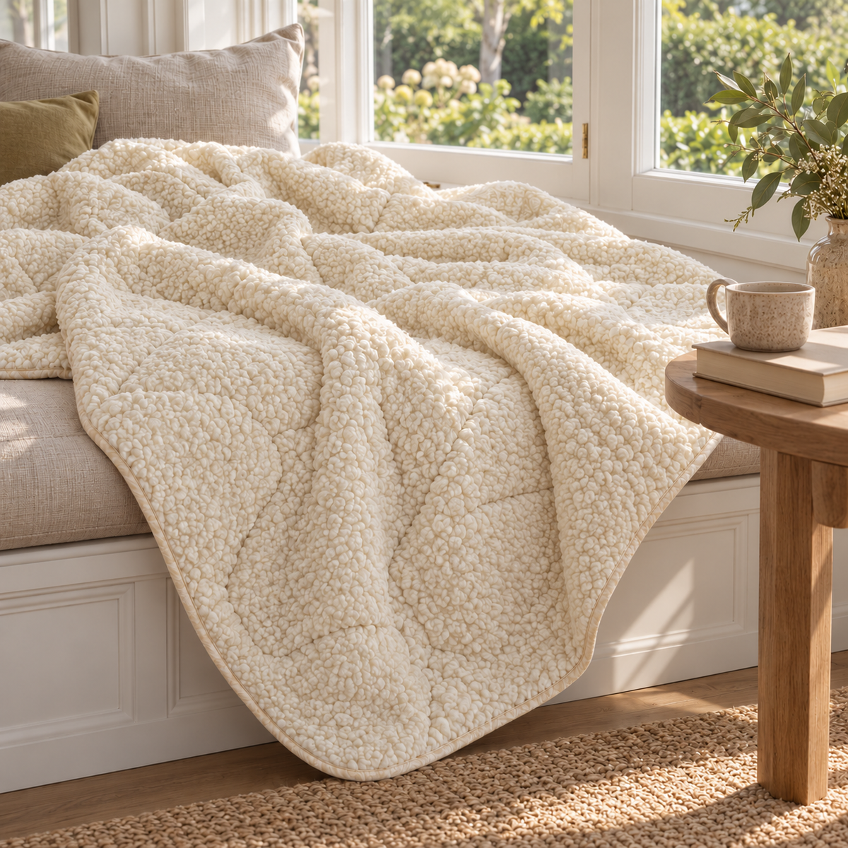 Verona ivory blanket, 150 × 200 cm, on a Dutch window seat, showing only the continuous textured front face and rounded bound edge